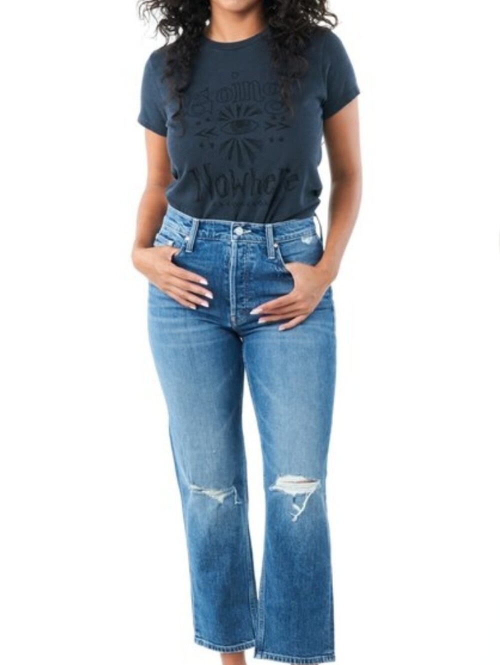 MOTHER  Distressed Mid-Blue Relaxed Denim Jeans